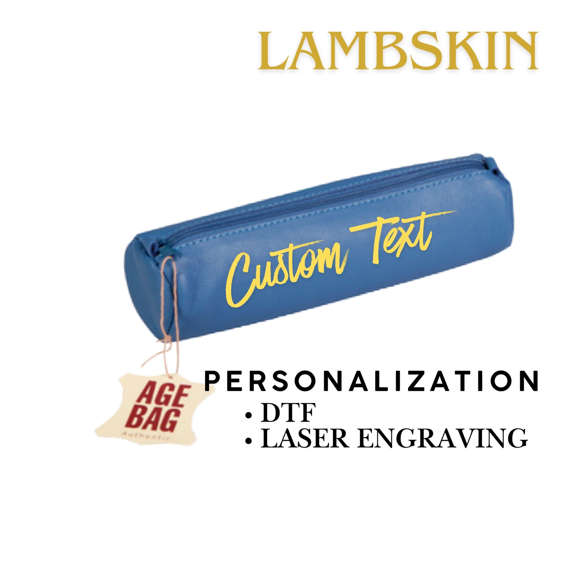 Blue pouch with 'Custom Text' on a white background, featuring the Lambskin brand.