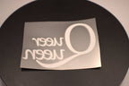 White decal with text on a black background