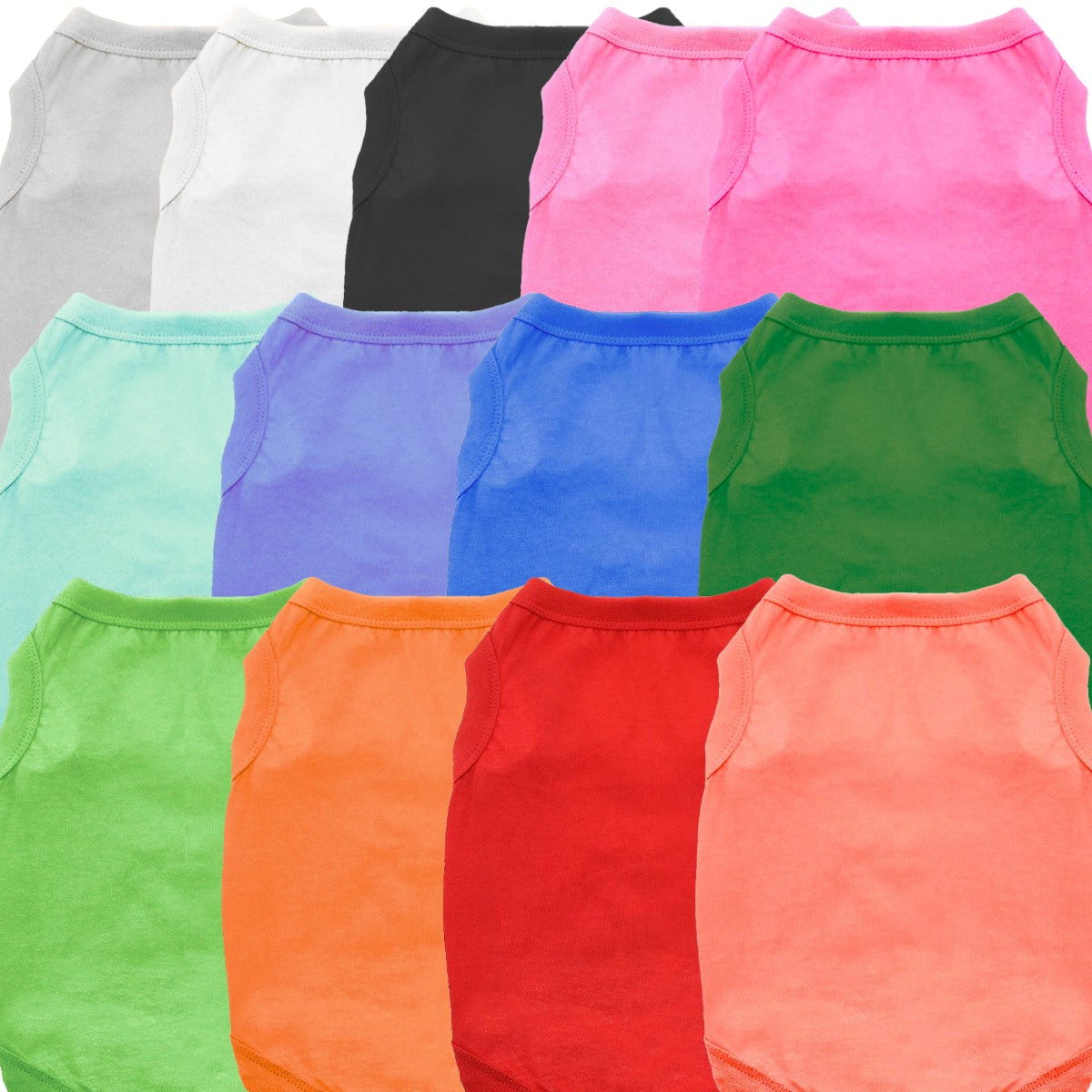collection of all colors of dog shirts
