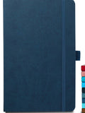 Blue notebook with a stack of colorful notebooks in the background