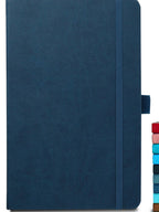 Blue notebook with a stack of colorful notebooks in the background