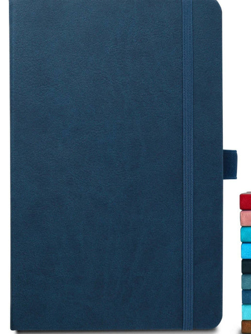 Blue notebook with a stack of colorful notebooks in the background