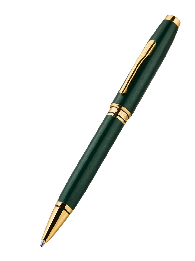 Green metallic Cross pen with gold accents and white background