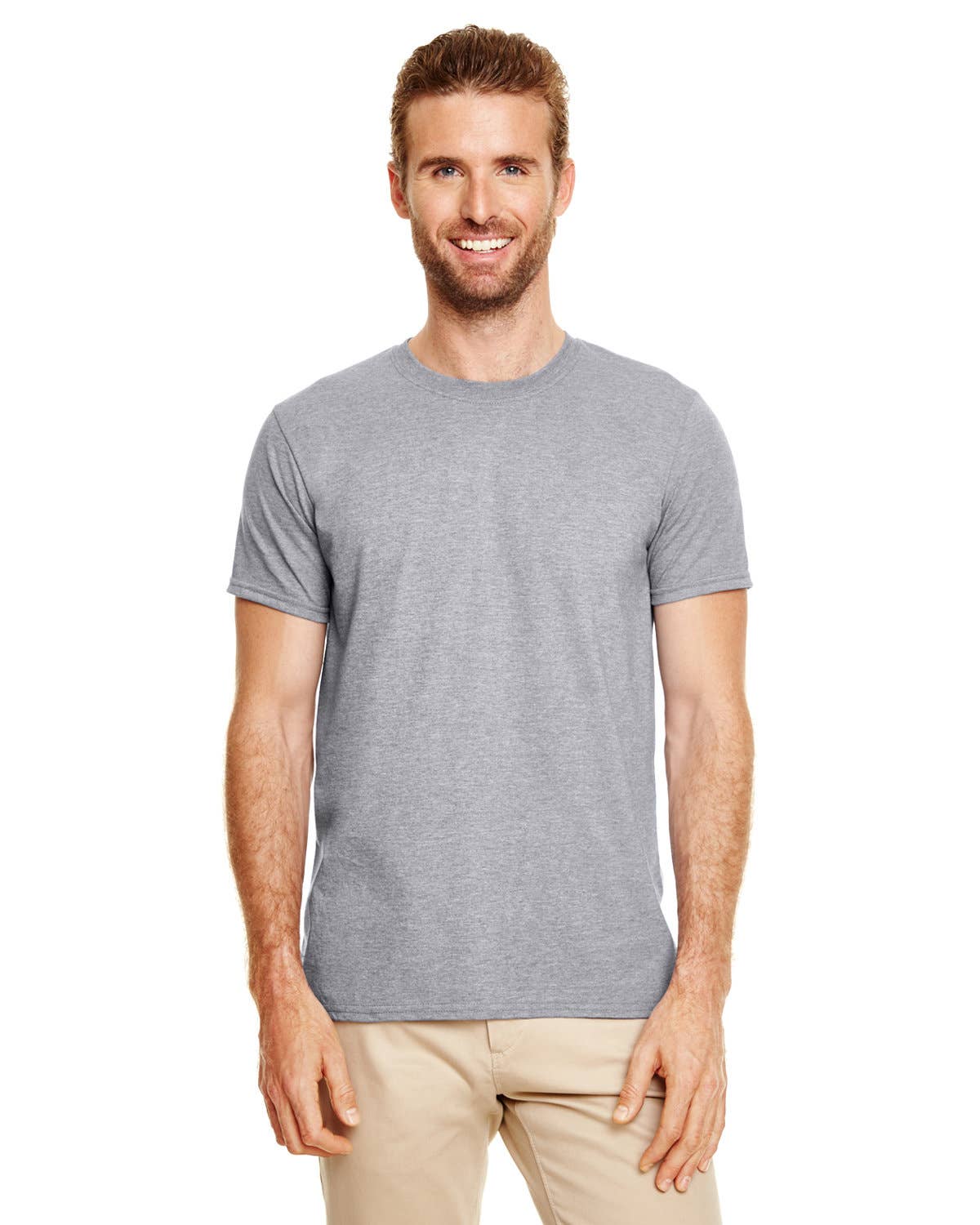 Man wearing a gray t-shirt on a white background