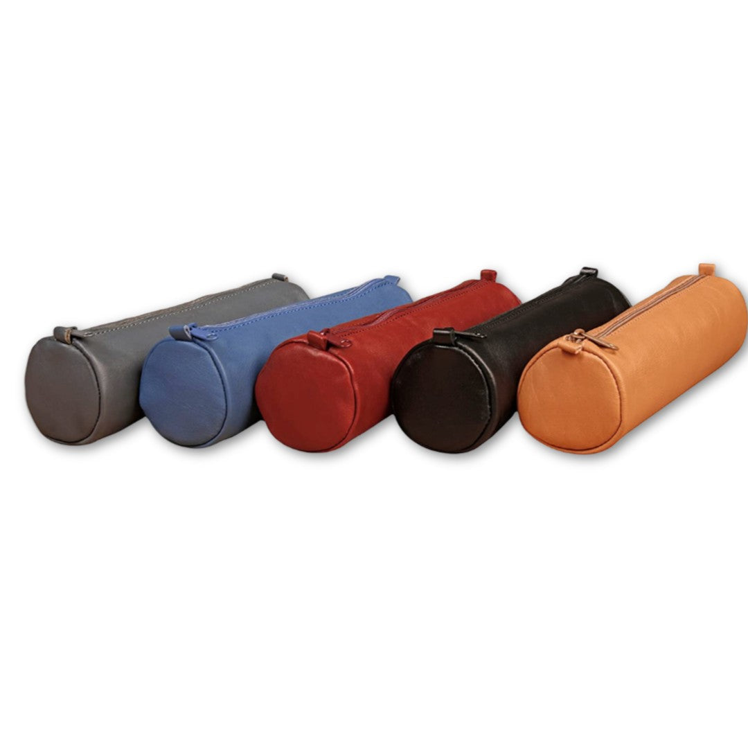 Five cylindrical leather bags in different colors arranged in a row on a white background.