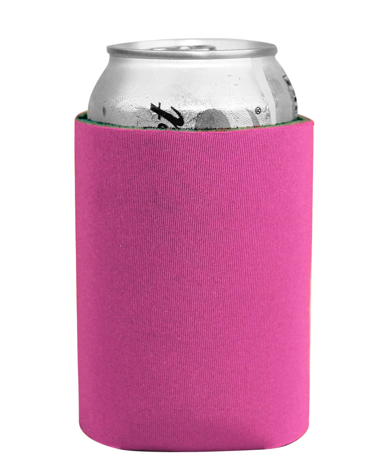Pink can cooler with a silver can inside on a white background