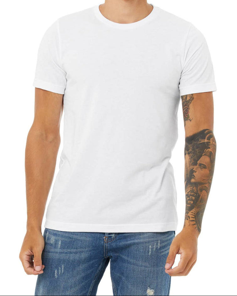 Man wearing a plain white t-shirt and blue jeans on a white background