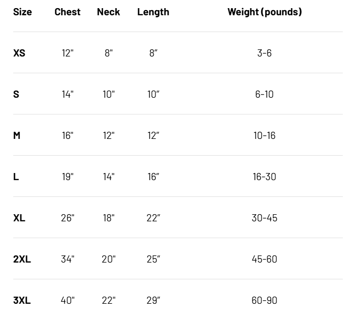 Size chart for clothing with measurements in inches and weight in pounds.