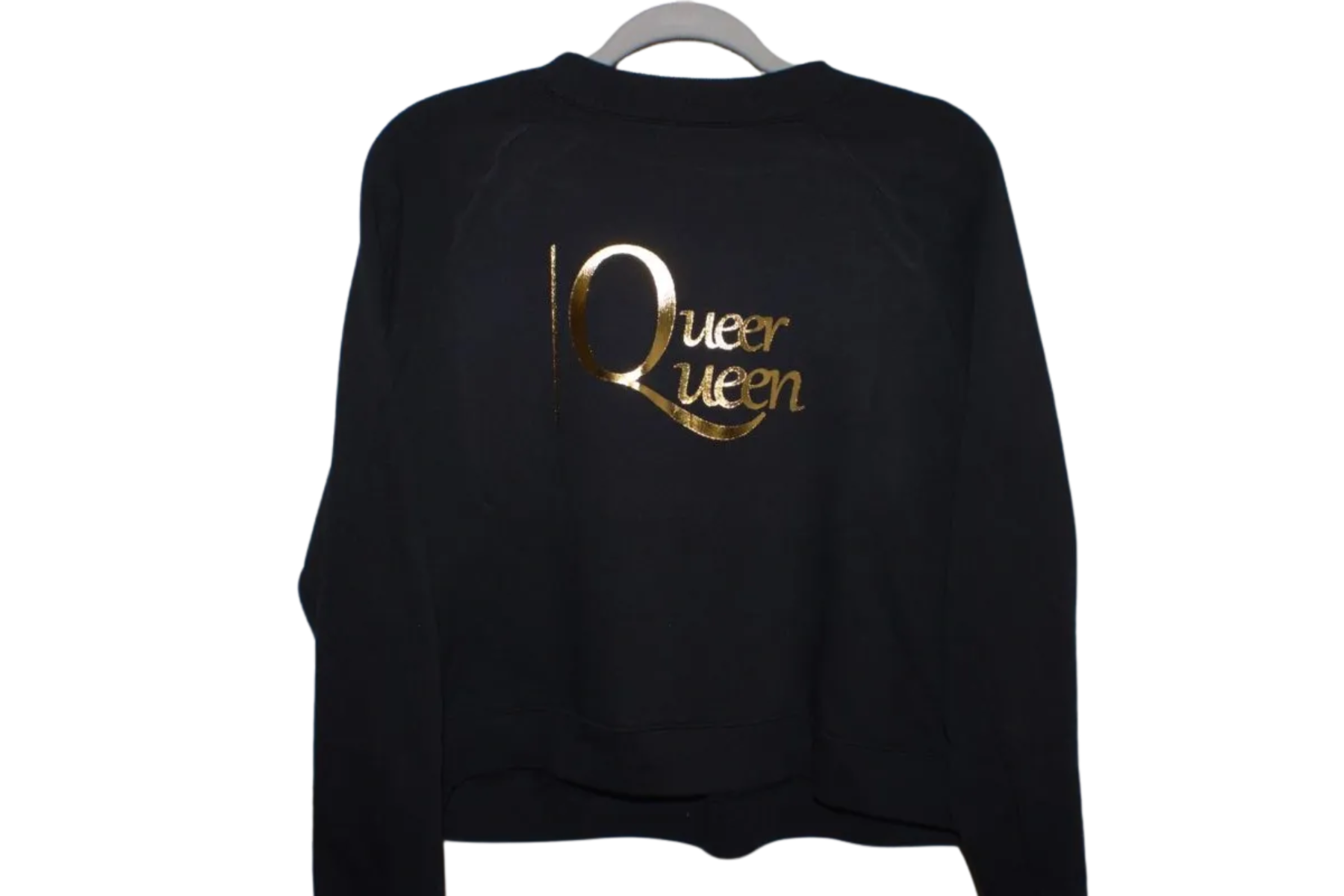 Black sweatshirt with 'Queer Queen' text in gold on a white background